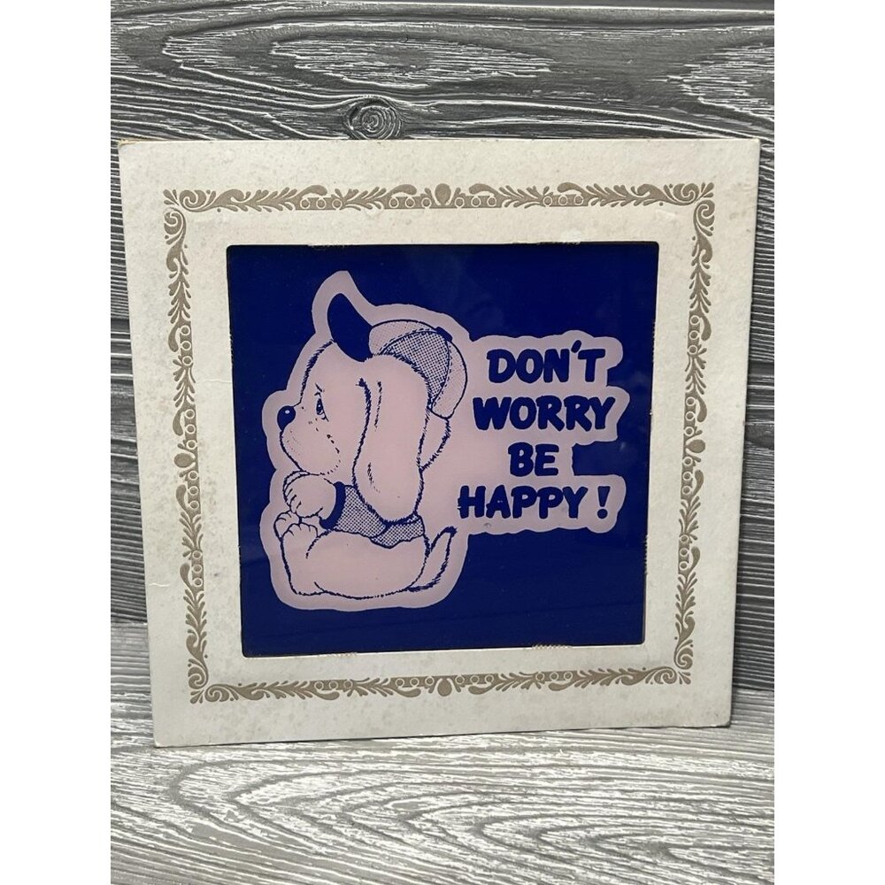 Vintage Puppy Dog Don’t Worry Be Happy Carnival Prize 1980s Glass Mirror 6”